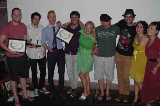 L-R: Nic Barker (Best Comedy, Pint), Marty Gubbins (Best Cinematography, Pint), Stefan Bugryn (Dir. Best Drama, A Fairy Tale) , Julian Zuliani (Producer. Best Drama, A Fairy Tale), Lindsey Loon (CFF founder), Tom Vogel (Dir. Mabowezi), Ivan Malekin (Dir. Reckoning), Sarah Jayne (Dir. Dusk), Hana Vraniqi (Actor, Red Aces "Death Comes for All" and Simple Happiness) 